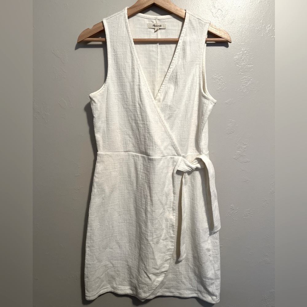 Madewell Crosshatch Side Tie Sleeveless Faux Wrap Dress Bright Ivory